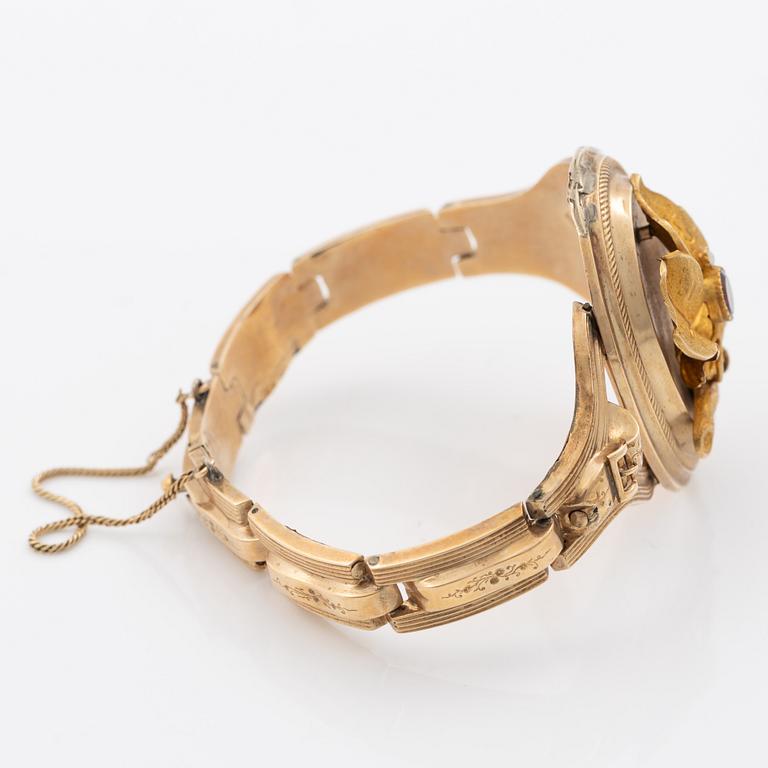 Bracelet, 14K gold with purple glass stone and seed pearl, 19th century,