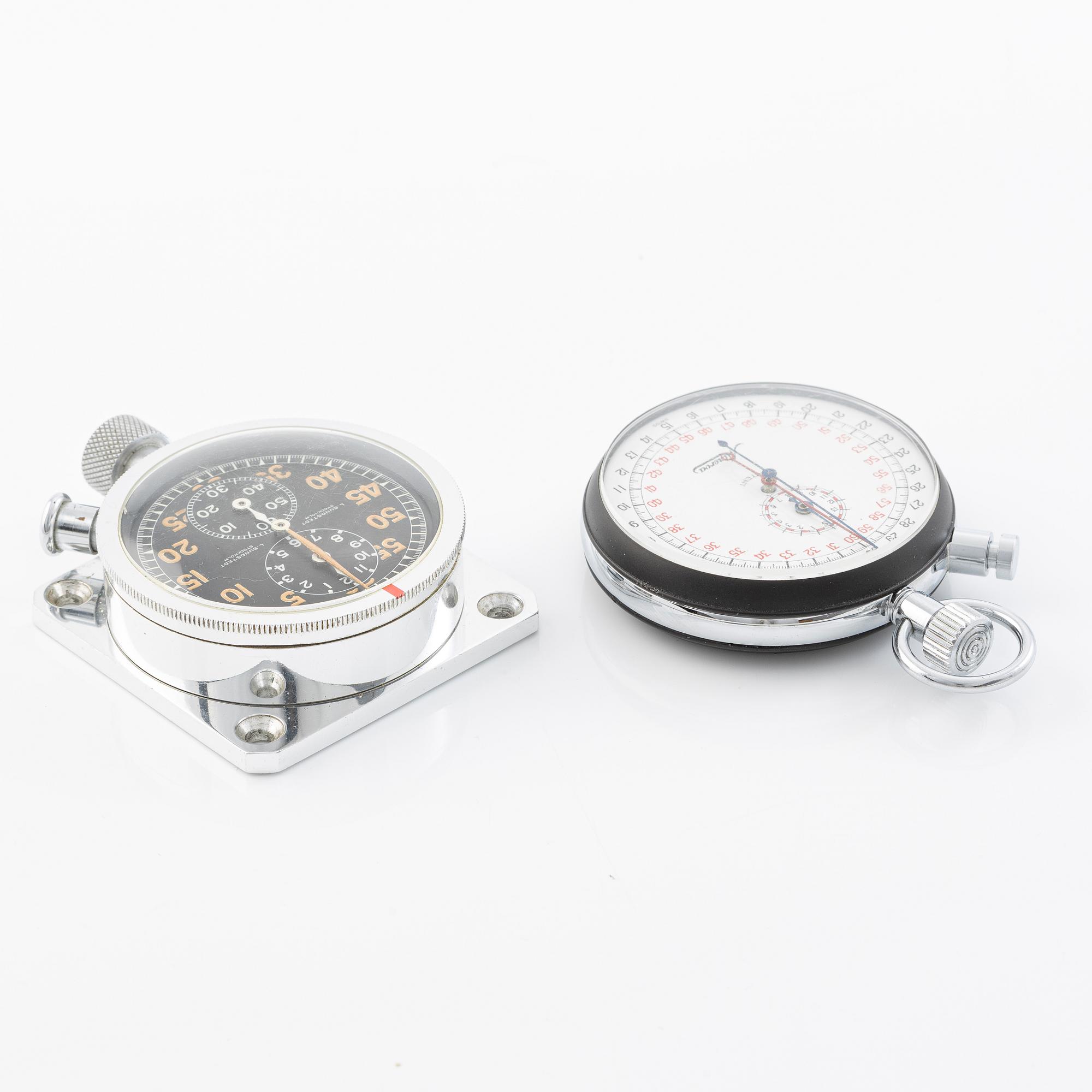 Two rally stopwatches, L. Sundstedt, Stockholm and Minerva, provenance from the Swedish Rally to the Midnight Sun.