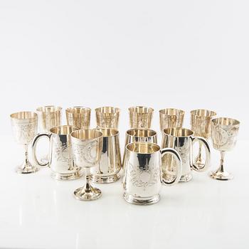 Beer mugs and Glühwein mugs 14 pcs 20th century silver plate.