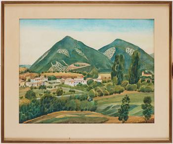 Josef Frank, akvarell, sydländsk landskapsvy med berg i fonden, osignerad.