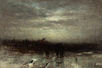 Ludwig Munthe, Twilight Landscape with Hunters on a Frozen Lake.