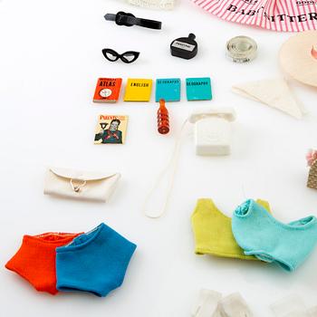 Barbie wardrobe along with clothes and accessories, 1960s, including "Barbie babysits" 1963.