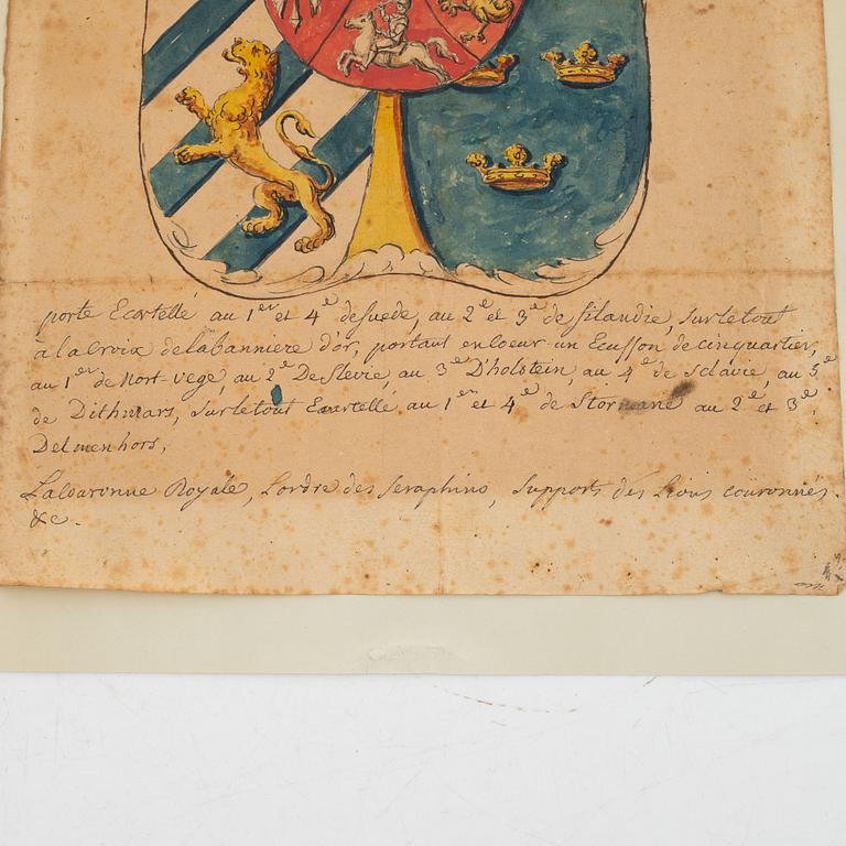 Akvarell, Sveriges Riksvapen, daterat 1765.