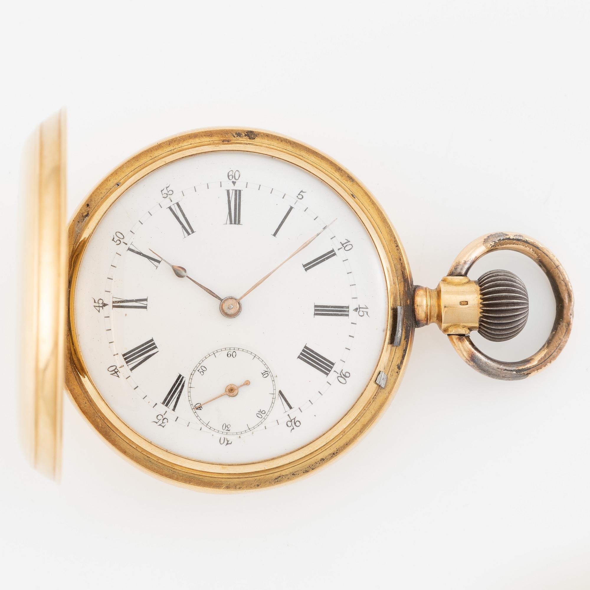 Pocket watch, 18K gold, hunter, calendar, 49.5 mm.