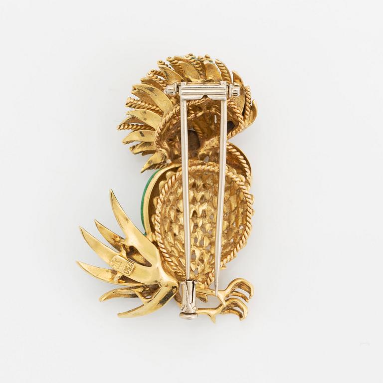 An 18K gold and enamel brooch set with eight-cut diamonds.