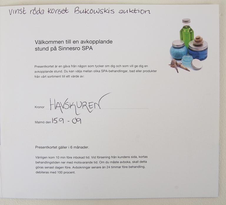 PRESENTKORT på "Havskuren", Sinnesro Spa, Malmö. Säljes till förmån för Röda Korset.