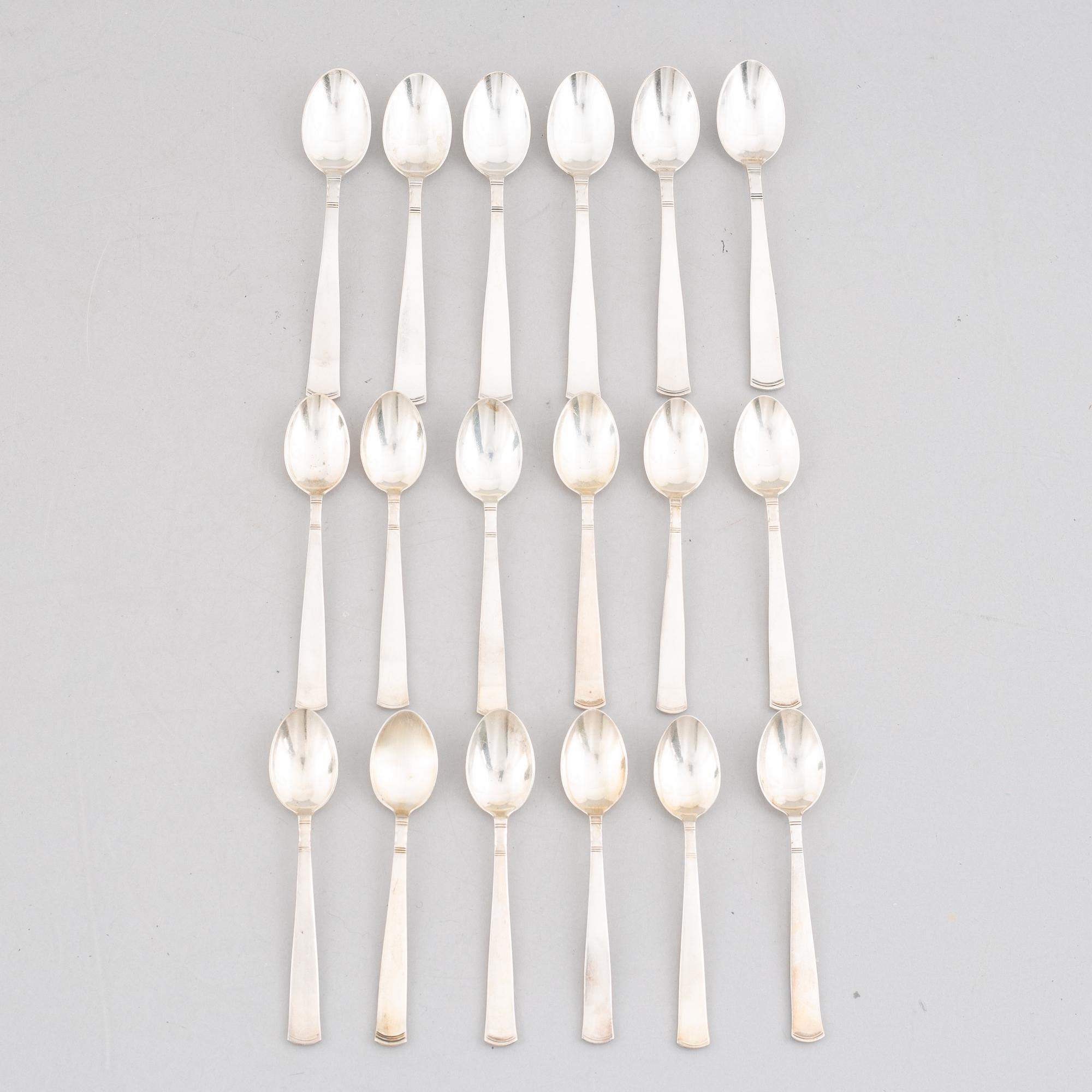 Jacob Ängman, 18 silver spoons, 'Rosenholm', GAB, Stockholm and Eskilstuna, 1943-91.