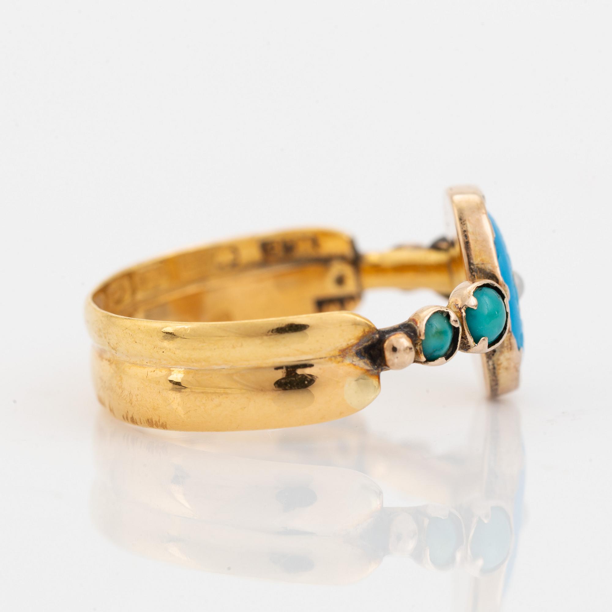 Ring, guld med turkoser och pärla.