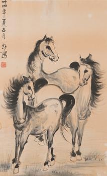 A painting 'Horses' by Xu Beihong (1895-1953), signed and dated May 1945, with the seal of the artist.