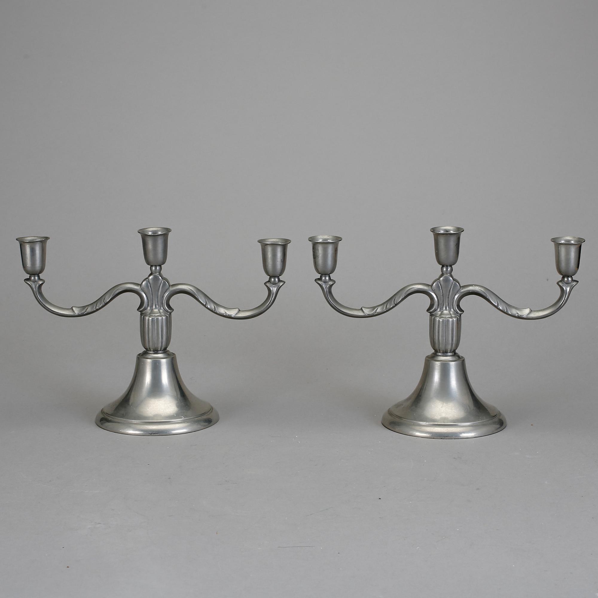 KANDELABRAR samt LAMPETTER, 1+1 par, tenn, GAB, 1930-tal.