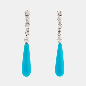 453. A pair of 18K white gold and turquoise earrings set with brilliant-cut diamonds of different forms.