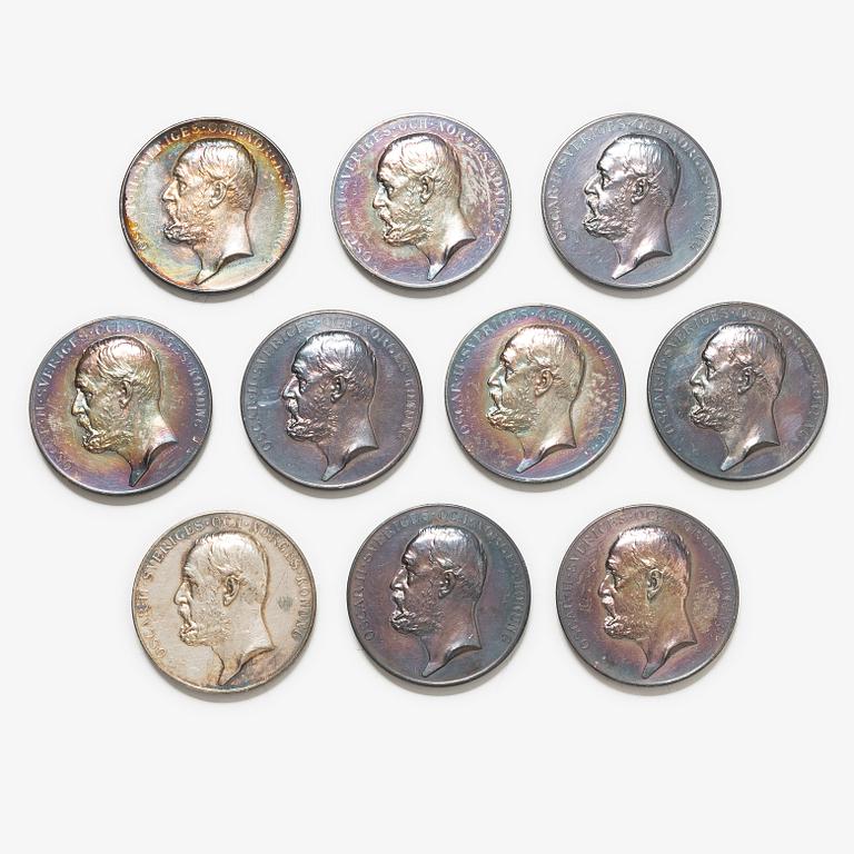 Ten silver medals, Kungliga Myntverket, Sweden, circa 1904.