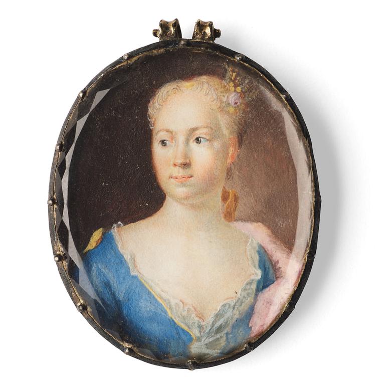 UNKNOWN ARTIST 18TH CENTURY. Portrait, lady in a blue dress.