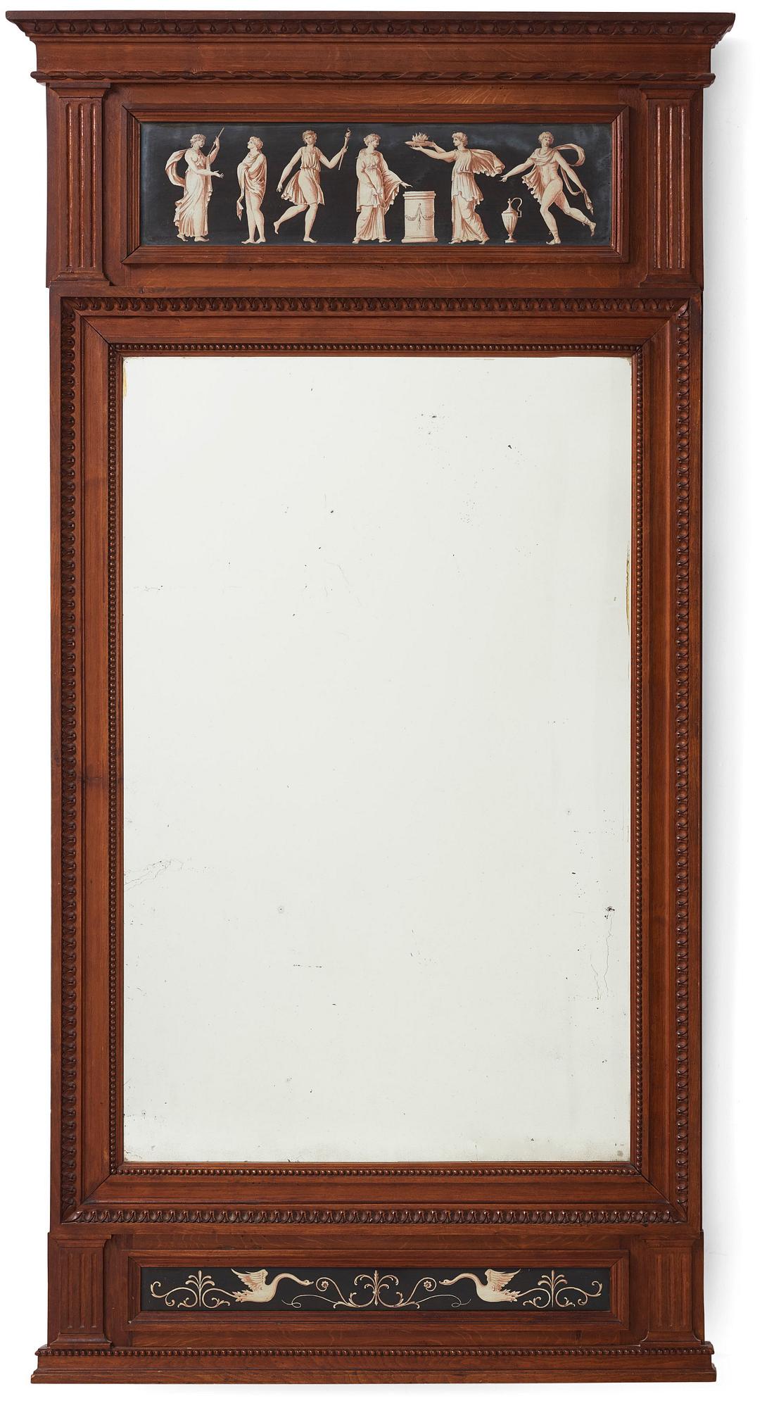 A carved and inset gouache late Gustavian mirror, late 18th century.