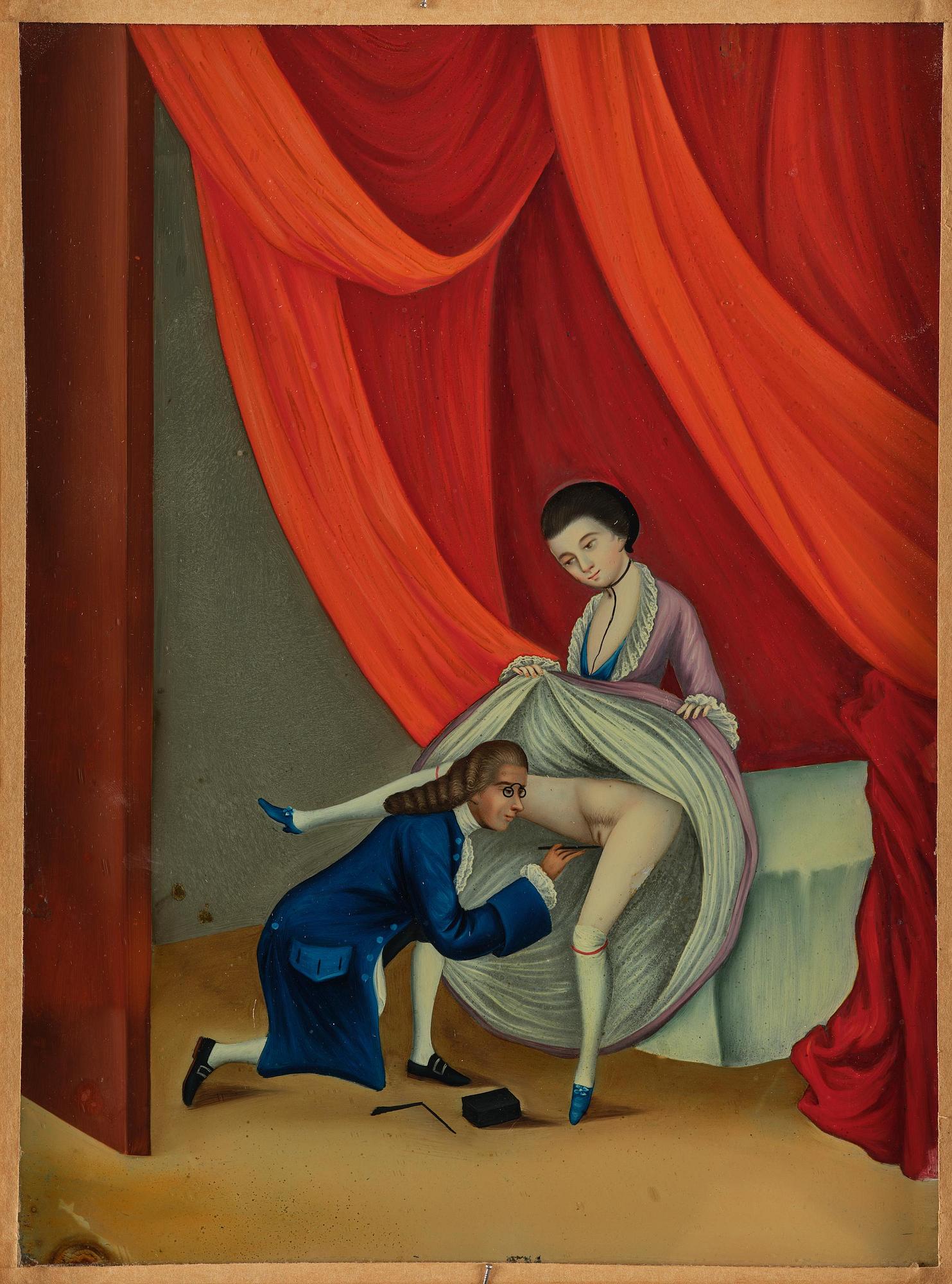 A Chinese reverse glass 'Erotic' painting, double sided, Chinese School, Qing dynasty, circa 1800.