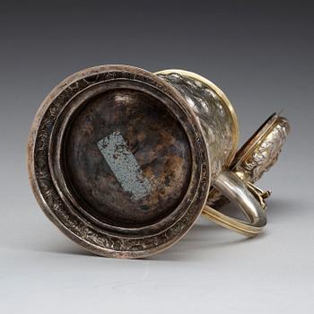 A German, probably Helmstedt late 17th century parcel-gilt tankard, unidentified makers mark.