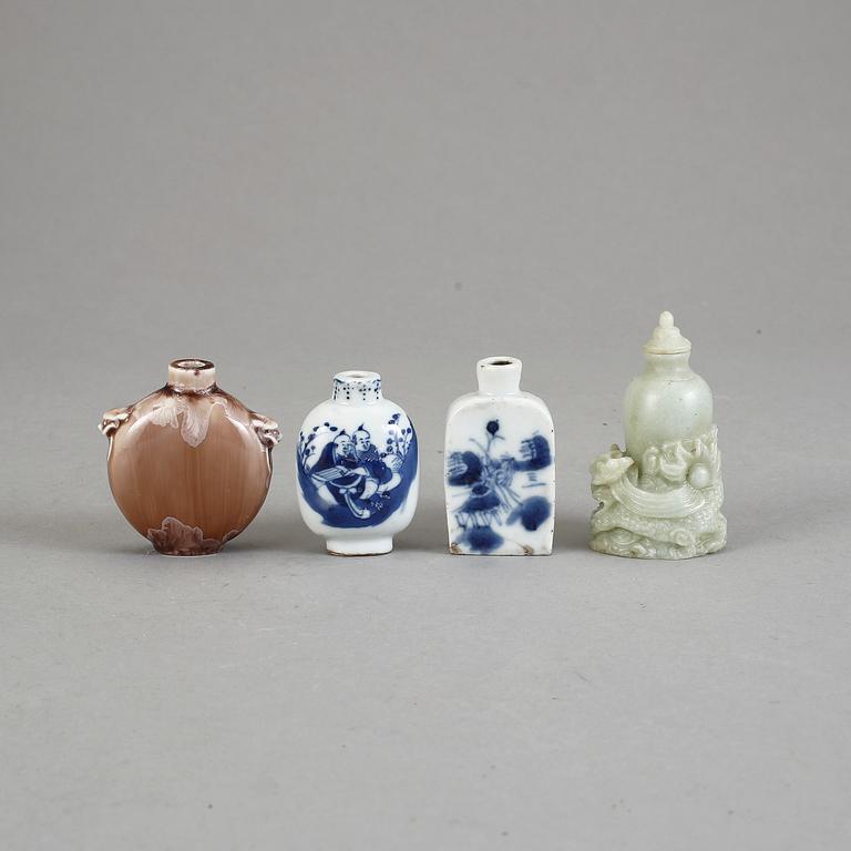 SNUSFLASKOR, 4 st, bl.a. porslin, Kina, 1800/1900-tal.