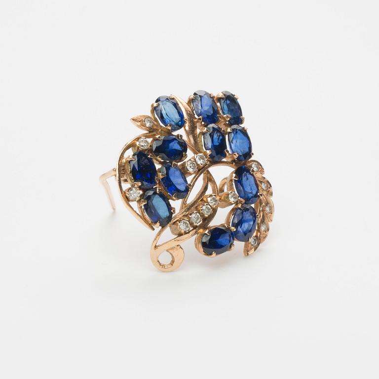 BROSCH/HÄNGE, 14K guld med safirer samt briljantslipade diamanter ca 0.20 ct.