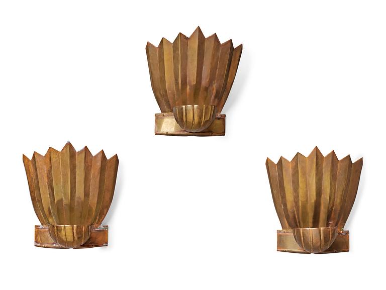 A set of three Lars Holmström Swedish Grace brass wall scones, Arvika Sweden, 1920's.