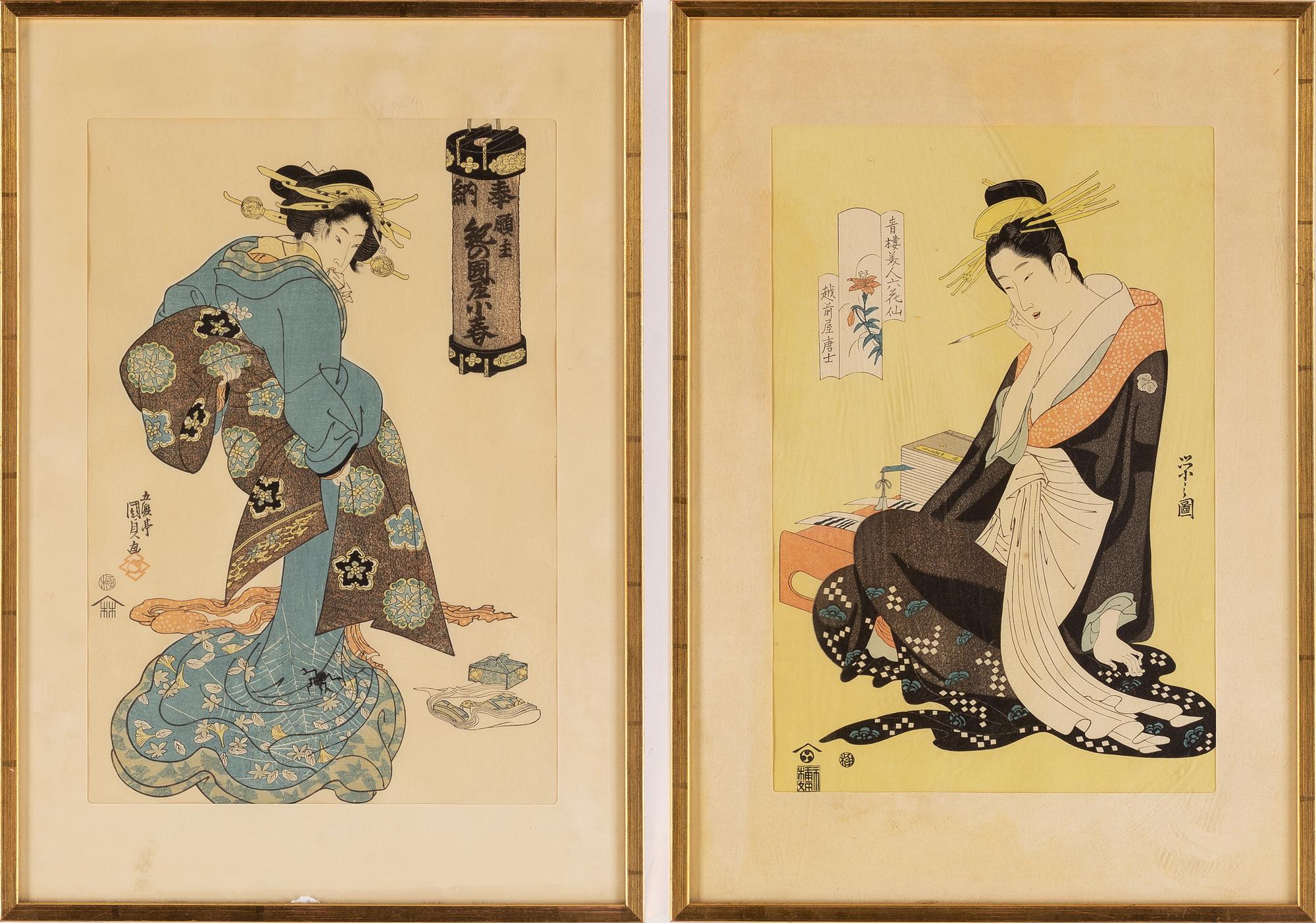 A set of three Bijin-ga woodblock prints, Japan, 19th Century.