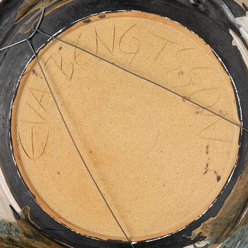 Eva Bengtsson, a large decorative chamotte stoneware dish, own studio, Frillesås, 1990s.
