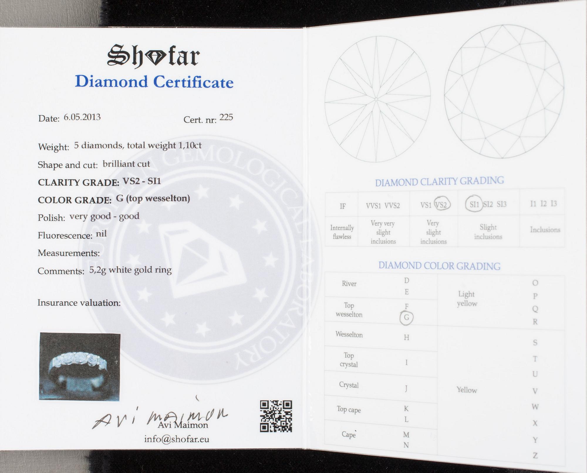 ALLIANSRING, 14K vitguld, 5 briljantslipade diamanter tot. 1,10 ct. Vikt 5,2 g. Intyg.