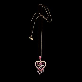 HÄNGE MED KEDJA, 14 K guld, diamanter samt flerfärgade rosa safirer.