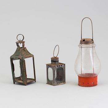 THREE GLASS AND TIN LANTERNS, 19th century.