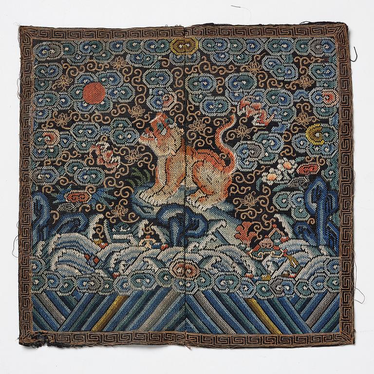 A pair of continued stich military official rank badges with tigers, Qing dynasty, 19th Century.