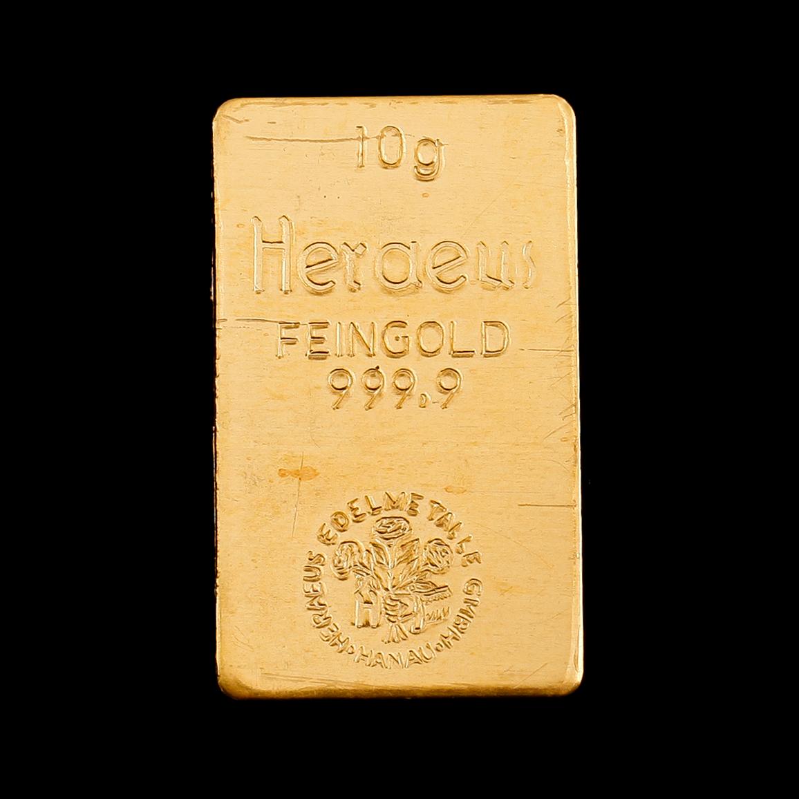 PLAKETT, fine gold, Heraeus. Vikt 10 gram.