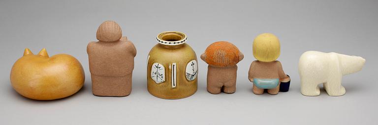 FIGURINER samt VAS, 6 delar, stengods, Lisa Larson, 1900-talets andra hälft.