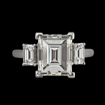 A baguette cut diamond, total carat weight circa 3.25 cts I/VVS, ring.