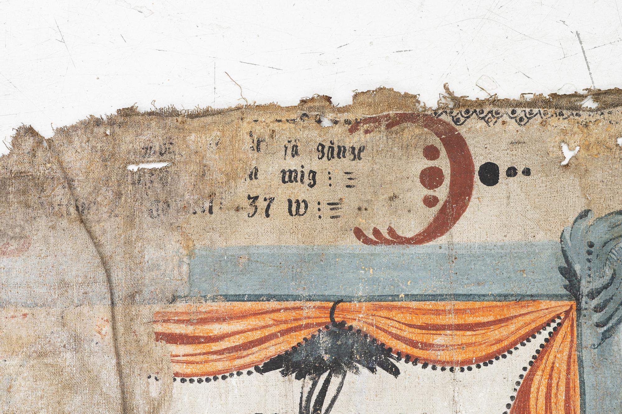 A nine-piece part folk art wall painting from Värmland, Sweden, late 18th century.