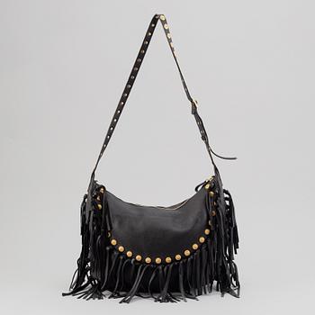 Valentino, a black leather hobo bag.