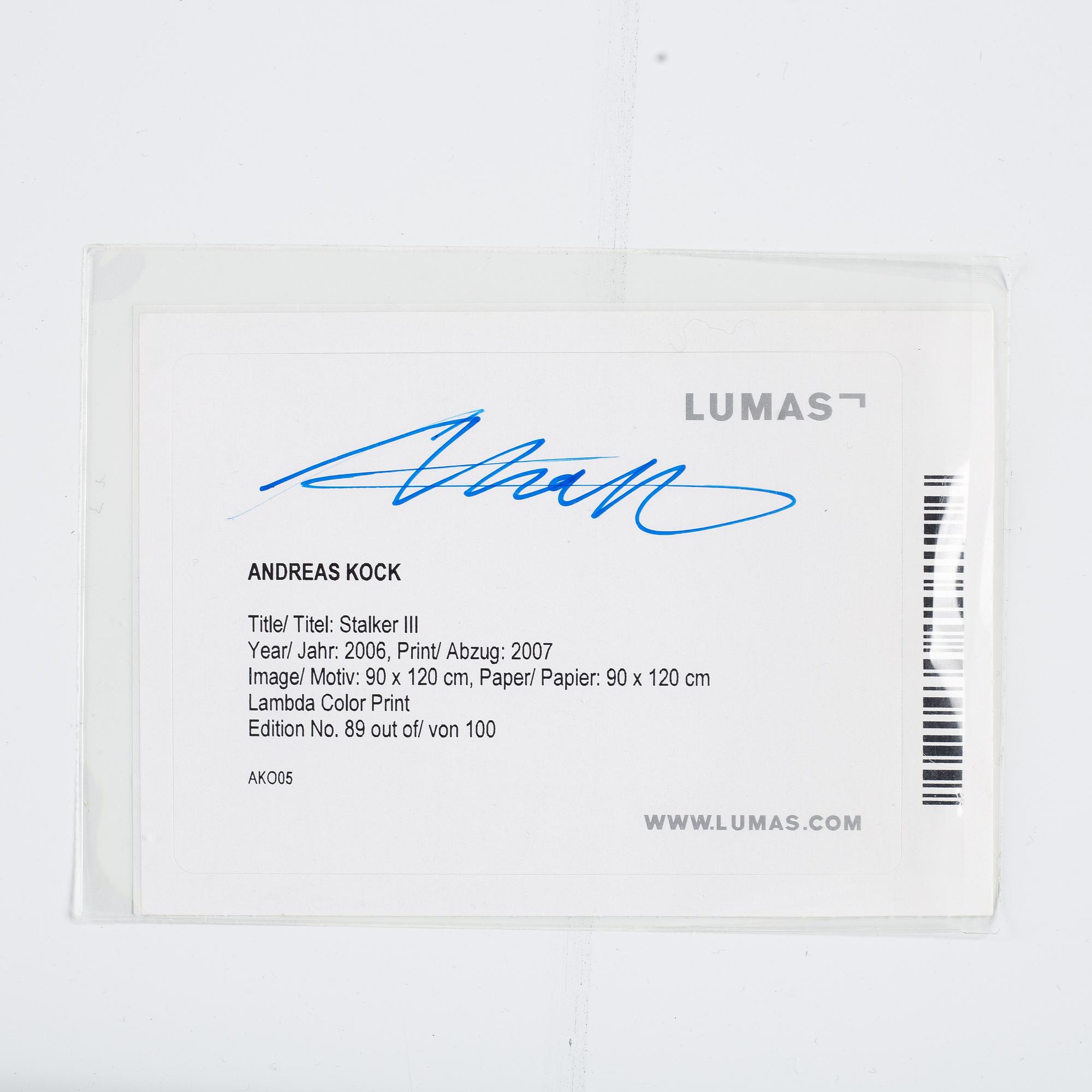 Andreas Kock, photo, signed ed 89/100 on label verso.