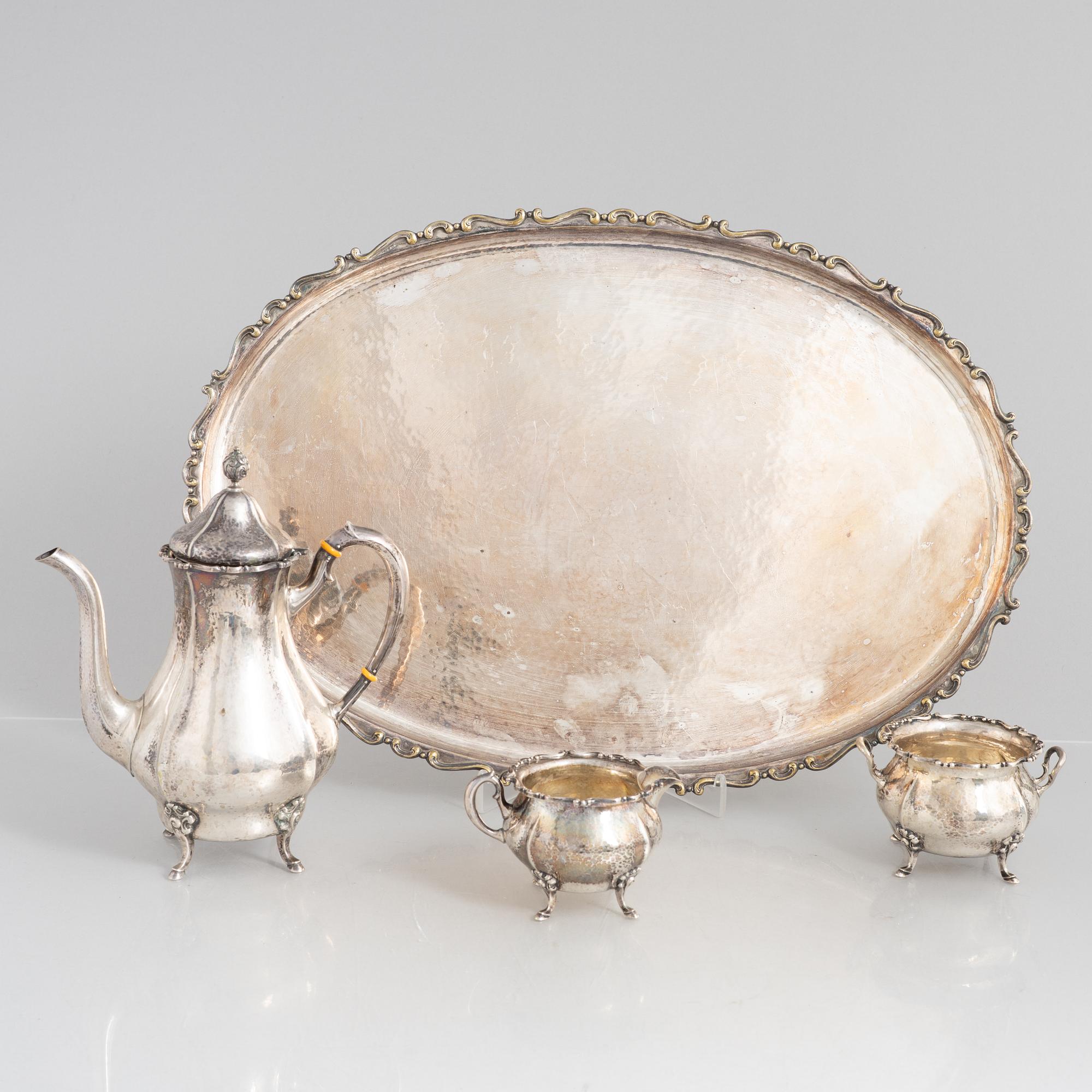 K Anderson, kaffeservis, 3 delar, silver, Stockholm 1936. Nysilverbricka samma modell medföljer.