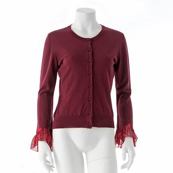 705. BURBERRY, a burgundy red merino wool cardigan.