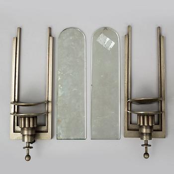 WALL LIGHTS, a pair of 1930's white metal and mirror glass.