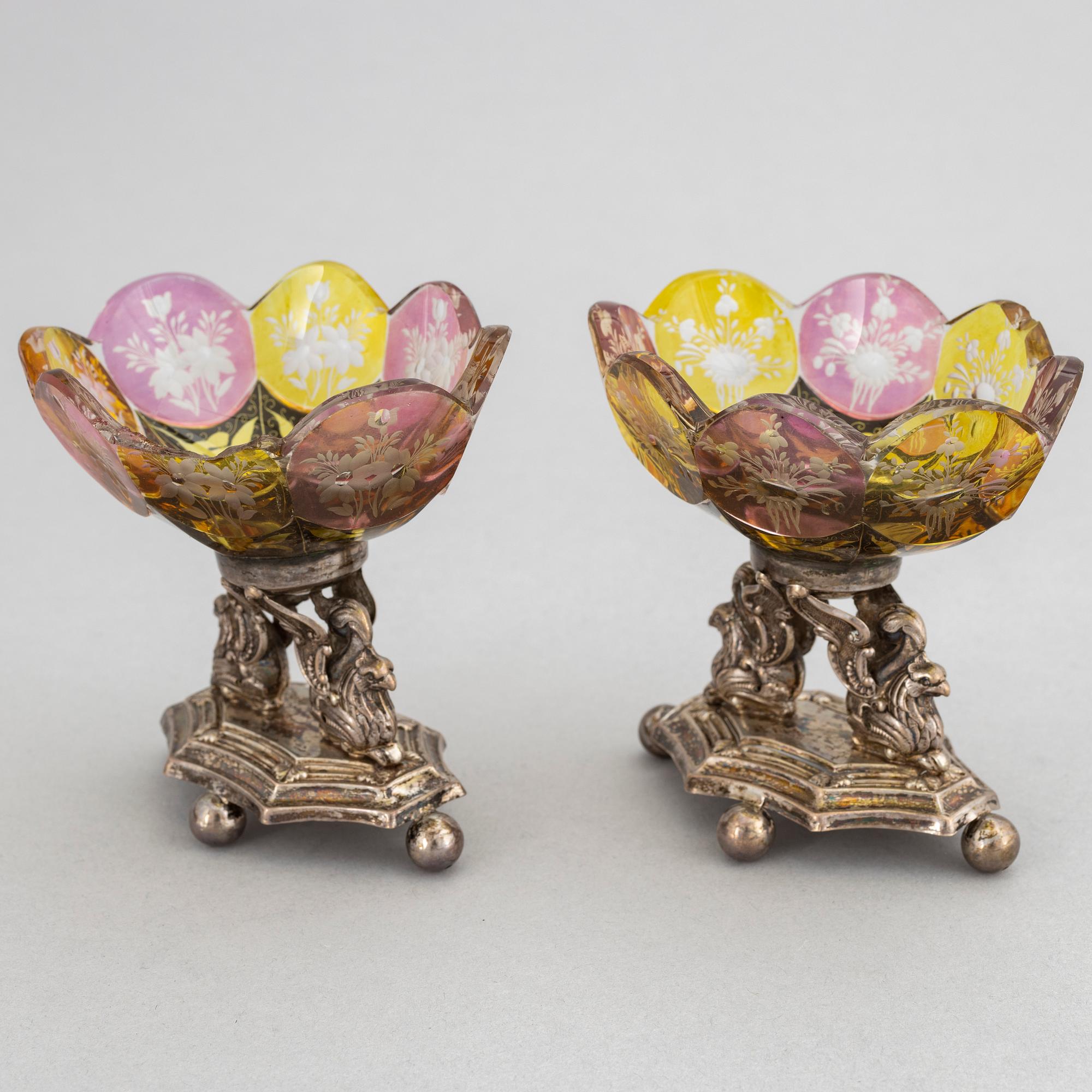 Carl Petter Norlin, a pair of silver and glass salt cellars, Malmö, 1840.