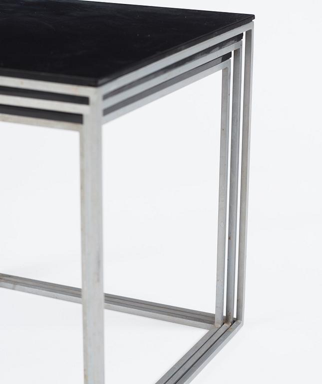 Poul Kjaerholm, a three pieces steel based, black acrylic top 'PK71' nest of tables, edition E. Kold Christensen, Denmark.