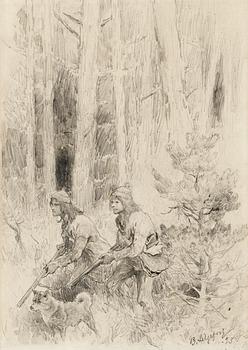 153. Bruno Liljefors, Skogslandskap med jägare.