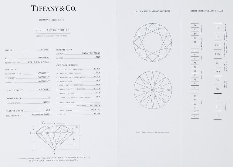 Tiffany & Co, a platinum ring with a brilliant-cut diamond 0.48 ct. With certificate.