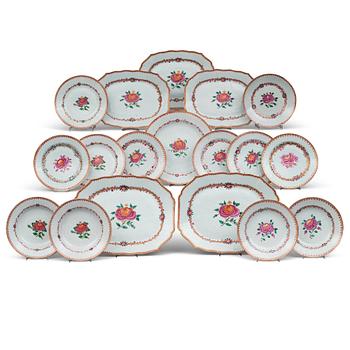 974. A famille rose dinner service, Qing dynasty, Qianlong (1736-95). (42 pieces).