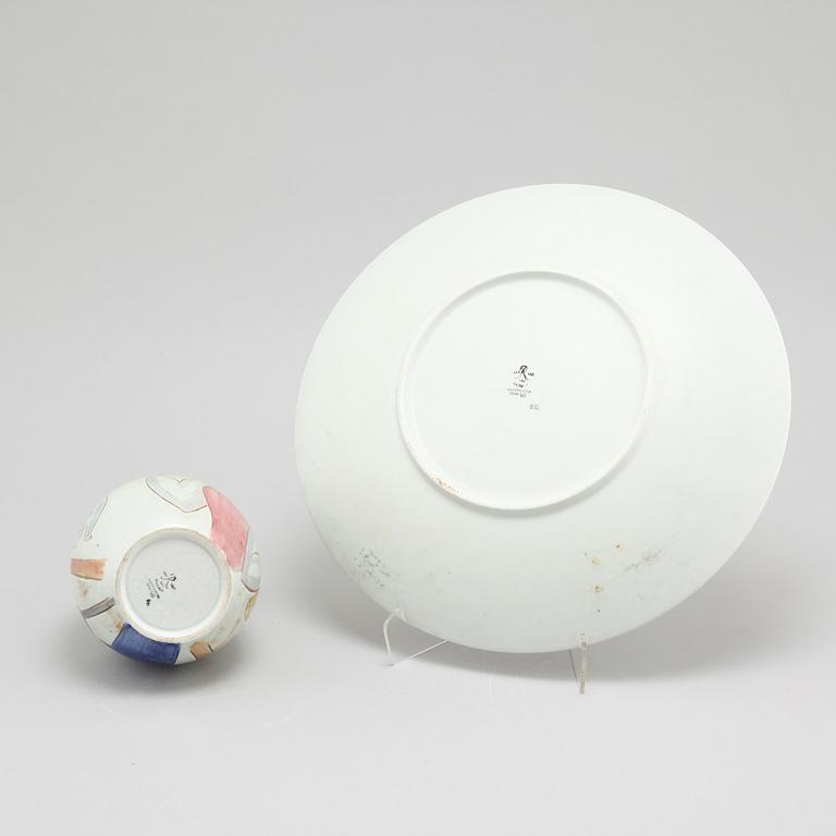 A stoneware dish and a jug for Rörstrand, stamp marked.