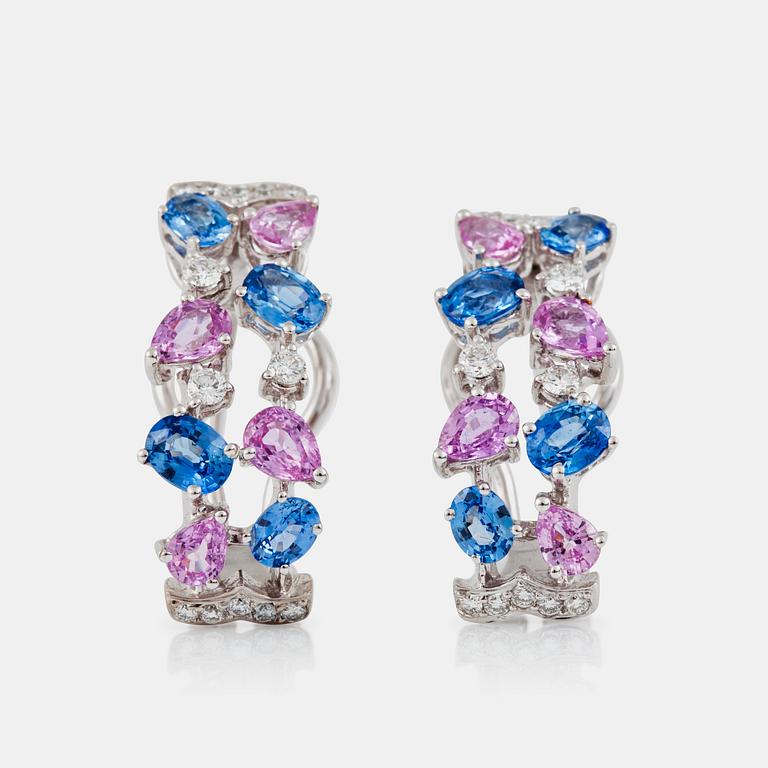 A pair of blue sapphire, pink sapphire and brilliant-cut diamond earrings.