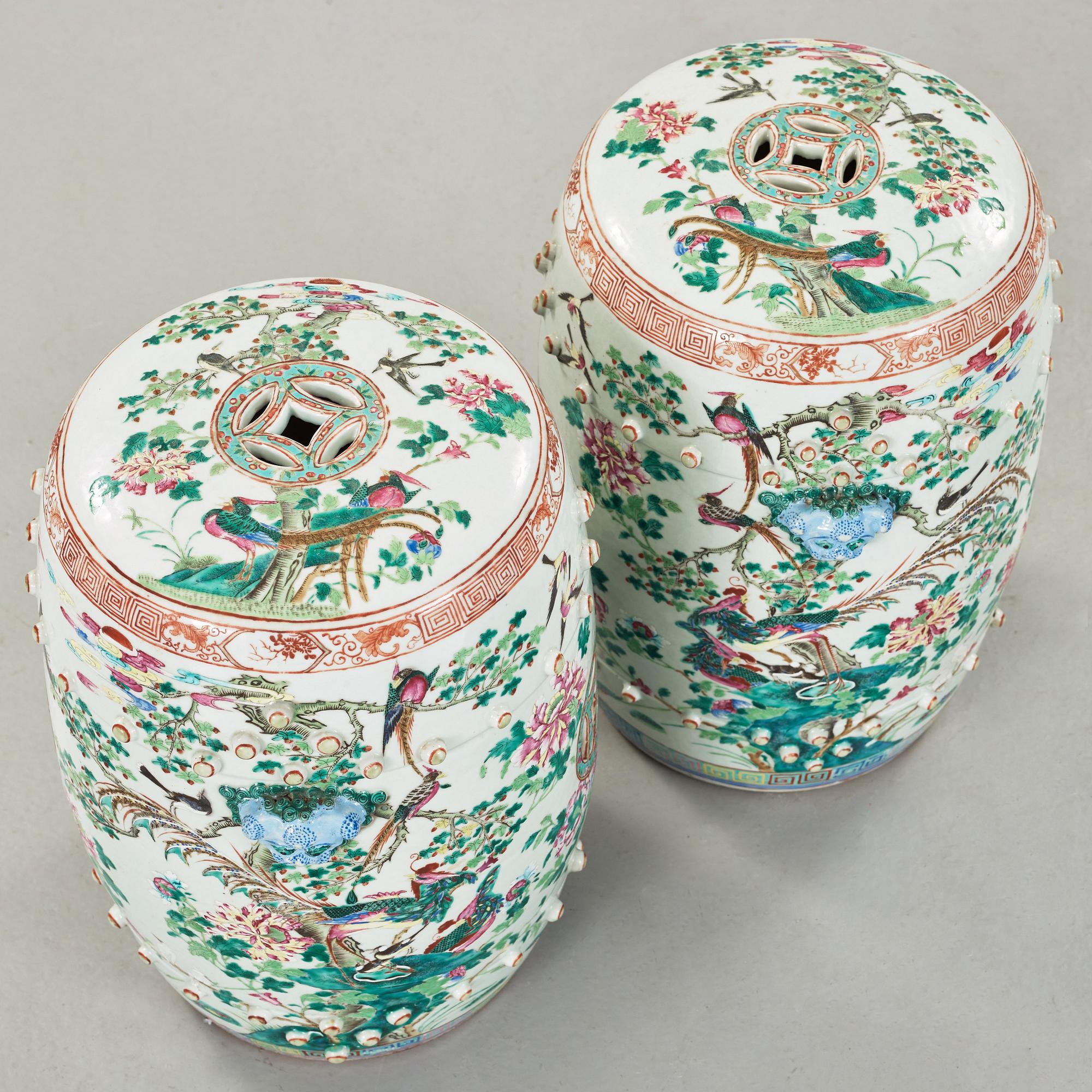 A pair of famille rose garden seats, Qing dynasty, 19th Century.