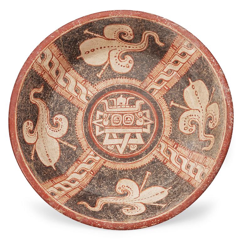 A MAYAN POLYCHROME TRIPOD CEREMONIAL CHOCOLATE BOWL, late Classic, ca 550-950 A.D.