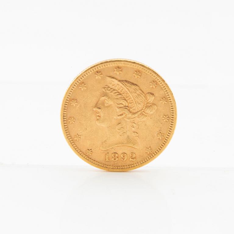 Gold coin ten dollars USA 1892.