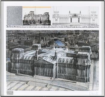 Christo & Jeanne-Claude · CHRISTO, färgoffset med tygkollage, signerad med blå krita.