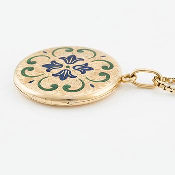 Pendant with photo locket, 18K gold and enamel, with 18K gold chain.